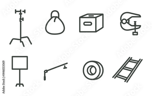 Film production equipment icons set – outline style cinematography, movie making, and film gear symbols for creative projects: tripod, sandbag, storage box, clamp, lighting stand, boom arm, cable