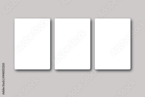 Three white rectangular cards with rounded corners arranged side by side on a light gray background