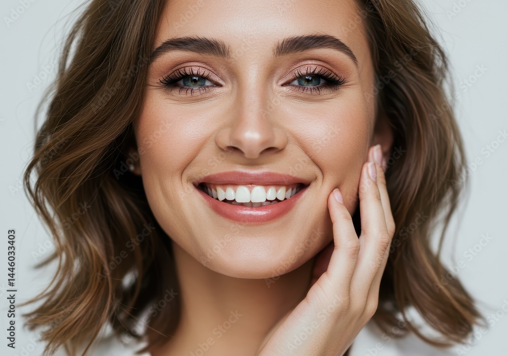 Smiling woman with hand on cheek showing healthy teeth and skin Smiling woman with hand on cheek showing healthy teeth and skin