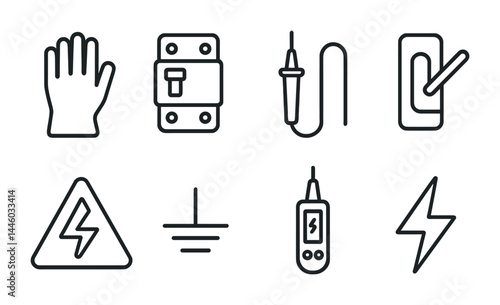 Electrical safety icon set – outline style essential symbols for hazard prevention: glove, lock, voltage tester, switch, warning sign, ground, multimeter, lightning bolt.
