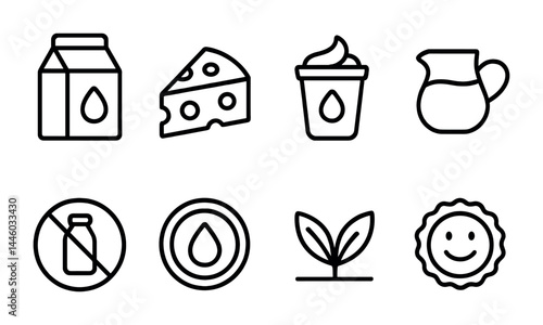 Dairy and vegan alternatives outline icon set – linear style milk, cheese, and plant-based symbols for healthy eating: milk carton, cheese, yogurt, pitcher, lactose-free, droplet, plant, smiling seal