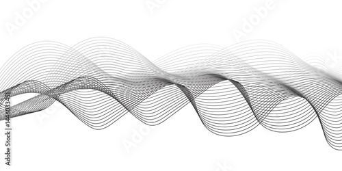 "Create a vector illustration of a black and white twisted ribbon-like wave. The design should feature smooth, overlapping transparent layers with a slight 3D effect. The background must be plain whi