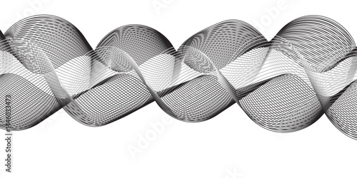  "Create a vector illustration of a black and white twisted ribbon-like wave. The design should feature smooth, overlapping transparent layers with a slight 3D effect. The background must be plain whi