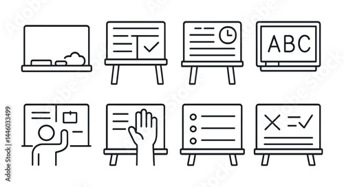 Education and learning outline icons set – line style study, teaching, and school symbols for classroom resources: blackboard, whiteboard, checklist, lecture, presentation.