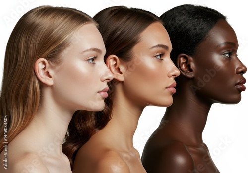 Diverse group of women showing different skin tones in profile on white background