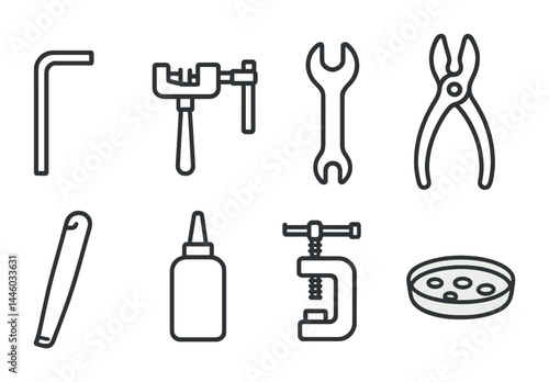 Diy and home repair icon set – outline style tools, maintenance, and fix symbols for craftsmanship: wrench, pliers, glue, clamp, allen key, vise, safety pin, button.
