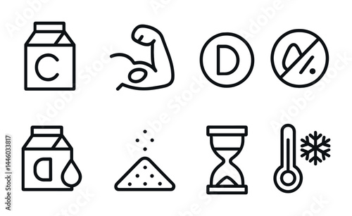 Nutritional and health outline icons – linear style for supplements, vitamins, and diet essentials: calcium, muscle, vitamin d, gluten-free, lactose-free, sugar, timer, thermometer.