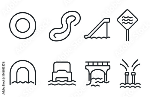Water park fun icons – outline style recreational, aquatic, and leisure symbols for summer activities: float, pool, slide, water sign, tunnel, bridge, fountains.