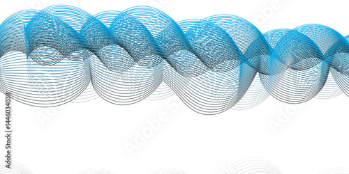 Create an abstract digital artwork featuring a flowing ribbon-like wave with smooth gradients of blue and gray tones. The wave should have a 3D illusion with soft shadows and a sense of motion, 