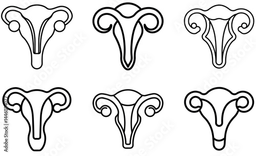 Minimal Uterus Line Art Icons Set for Reproductive Health and Feminine Anatomy