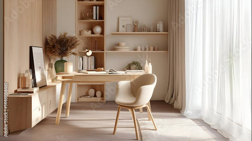A neutral-toned home office with light wood furniture, a beige chair, and soft natural lighting. The space is designed to inspire productivity and calm focus. photo