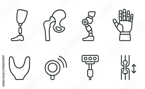 Prosthetics and rehabilitation outline icons set – linear adaptive technology, medical aids, and assistive devices symbols: prosthetic leg, hip joint, robotic arm, prosthetic hand, spinal support,