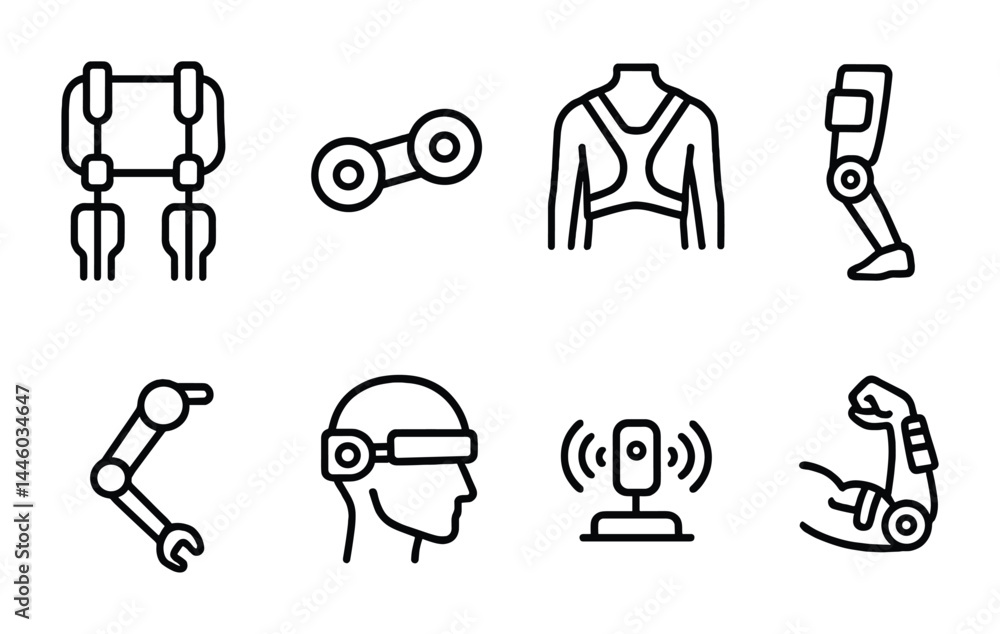 Wearable technology outline icons set – line style smart gadgets, fitness, and innovation symbols: smartwatch, headphones, smart glasses, prosthetic, fitness tracker, vr headset, robotic arm. Wearable technology outline icons set – line style smart gadgets, fitness, and innovation symbols: smartwatch, headphones, smart glasses, prosthetic, fitness tracker, vr headset, robotic arm.