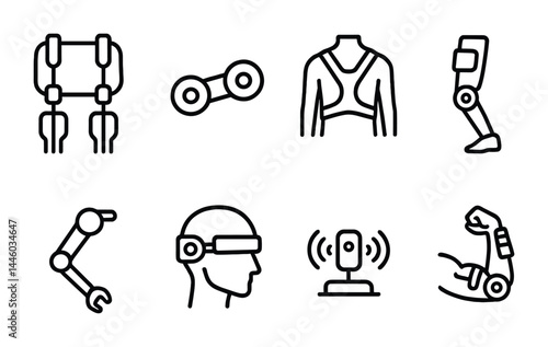 Wearable technology outline icons set – line style smart gadgets, fitness, and innovation symbols: smartwatch, headphones, smart glasses, prosthetic, fitness tracker, vr headset, robotic arm.