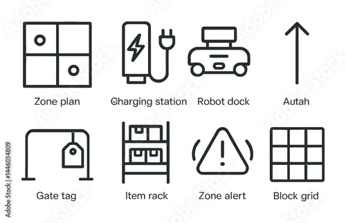Warehouse and logistics outline icons set - linear style supply chain, inventory management, and distribution symbols: zone plan, charging station, robot dock, gate tag, item rack, zone alert, block