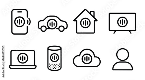 Smart home technology icon set – line style automation, connectivity, and iot symbols for smart living: smartphone, car, house, tv, laptop, speaker, cloud, user.