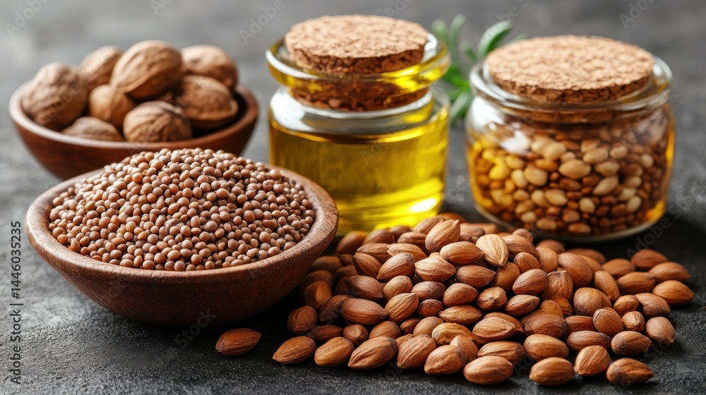 Fototapeta premium Healthy nuts and seeds, oils