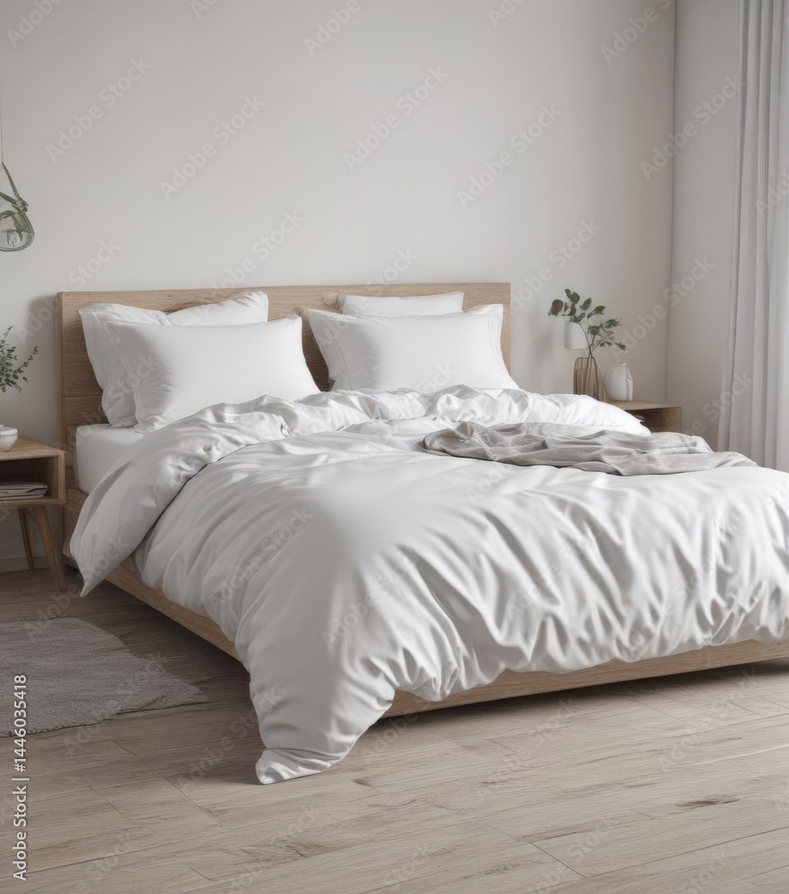 Obraz premium Crisp white bedding, king-size bed, Scandinavian minimalism, bedroom design, nordic