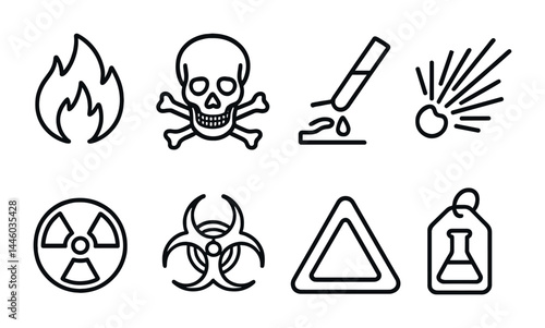 Hazard and safety warning icons – outline style for risk symbols and precaution signs: fire, skull, corrosive, explosion, radiation, biohazard, caution, chemical