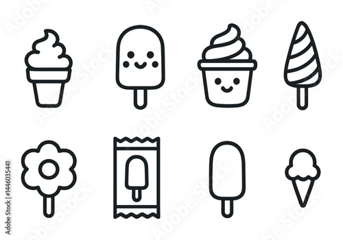Ice cream icons collection - outline style sweet desserts, summer treats, and fun snacks graphics: cone, popsicle, cup, lollipop, fudge bar, swirl cone.