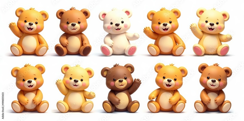 Collection of cute cartoon teddy bears in various poses on white backdrop, fun, adorable Collection of cute cartoon teddy bears in various poses on white backdrop, fun, adorable