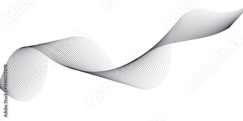  "Create a vector illustration of a black and white twisted ribbon-like wave. The design should feature smooth, overlapping transparent layers with a slight 3D effect. The background must be plain whi