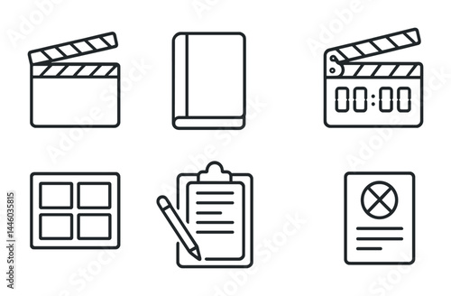 Film production icon set – outline style cinema, movie, and media symbols for creative projects: clapperboard, storyboard, script, editing frame, clipboard, voting form.
