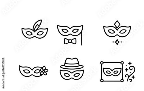 Masquerade ball icon set – outline style party, festival, and celebration icons for event themes: mask with feather, venetian style, masquerade with hat, decorated mask.