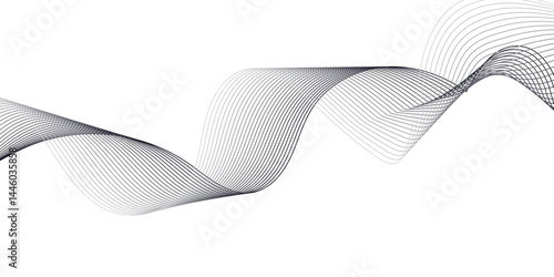  "Create a vector illustration of a black and white twisted ribbon-like wave. The design should feature smooth, overlapping transparent layers with a slight 3D effect. The background must be plain whi