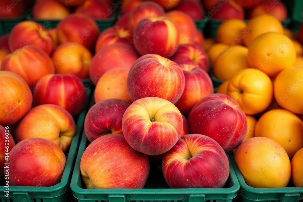 Colorful arrangement of ripe peaches and apricots at the fruit stand, ripe, market Colorful arrangement of ripe peaches and apricots at the fruit stand, ripe, market