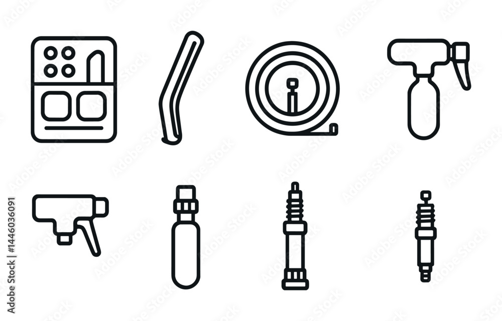 Obraz premium Comprehensive automotive tools and parts icons – linear style vehicle, mechanic, and garage symbols: spark plug, air compressor, tire pressure, lug wrench, fuel injector, spray gun