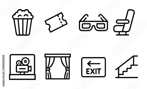 Cinema and movie line icons set – outline style entertainment, film, and theater symbols for event design: popcorn, ticket, 3d glasses, seat, camera, curtains, exit, stairs.