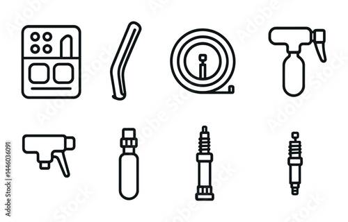 Comprehensive automotive tools and parts icons – linear style vehicle, mechanic, and garage symbols: spark plug, air compressor, tire pressure, lug wrench, fuel injector, spray gun