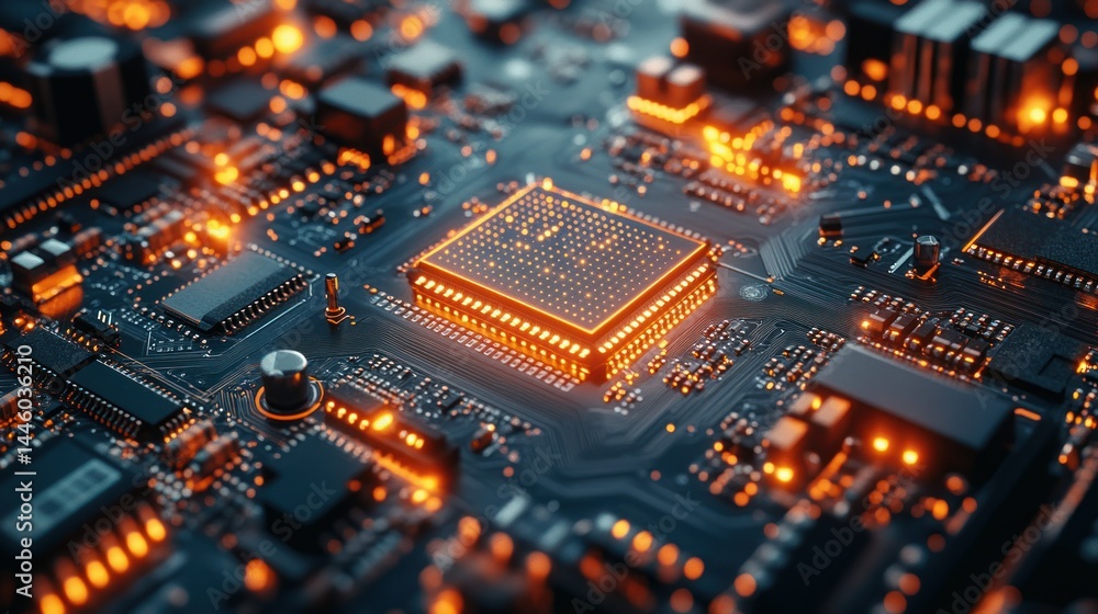 High-tech circuit board with glowing processor High-tech circuit board with glowing processor