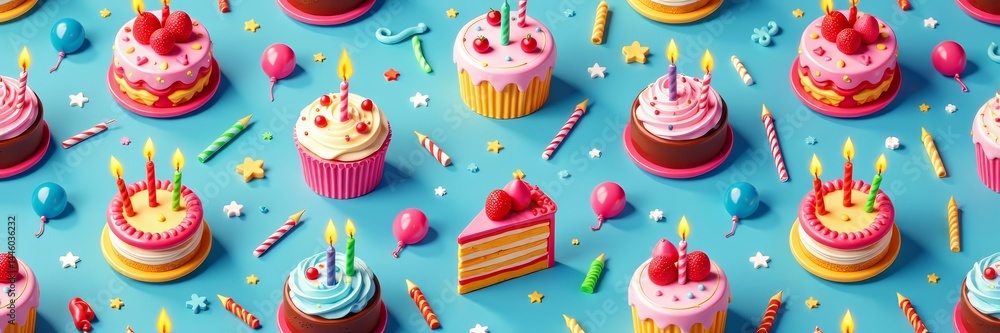 Colorful birthday seamless pattern with cakes, balloons, and candles, fun, party Colorful birthday seamless pattern with cakes, balloons, and candles, fun, party