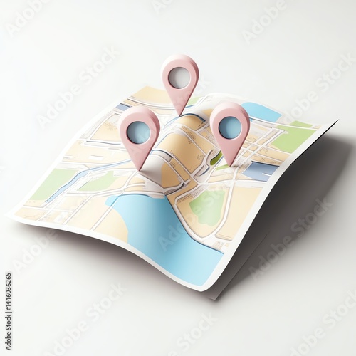 Folded map with location pins illustration. 3D soft pop