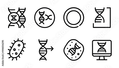 Biotechnology outline icons set – linear style for genetic engineering and research: dna helix, microscope, petri dish, bacterium, gene sequence, genome map, bioinformatics.
