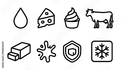 Dairy product outline icons set – line style milk, cheese, and cold storage symbols for food industry: milk drop, cheese slice, yogurt cup, cow, butter, splash, shield, snowflake.