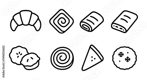 Bakery and pastry outline icons set – linear style café, dessert, and baking symbols for culinary design: croissant, cinnamon roll, swiss roll, pie, two cookies, swirl cookie, waffle sandwich.