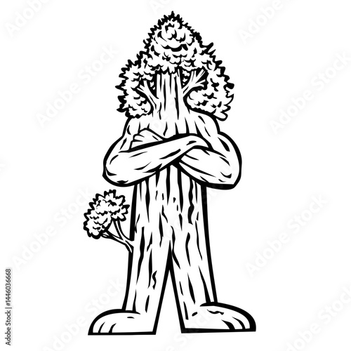 Mascot illustration of a Sequoioideae or redwood tree man, a subfamily of coniferous trees within the family Cupressaceae, standing with arms crossed on isolated background in retro black and white.
