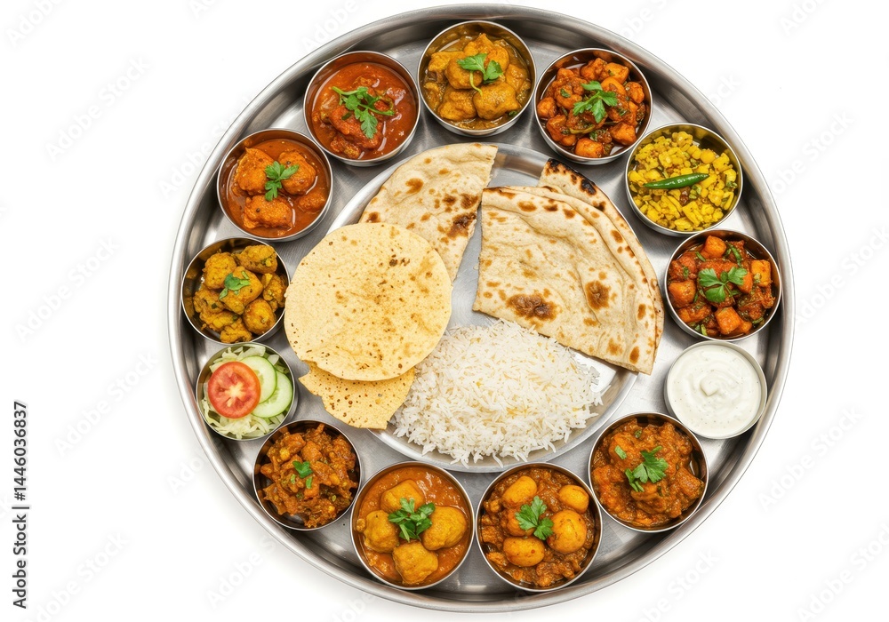 Indian thali meal with various dishes served on a silver platter Indian thali meal with various dishes served on a silver platter