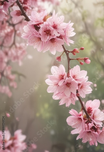 Delicate pink sakura petals softly descend against a bokeh spring background ,  spring season,  ethereal,  springtime