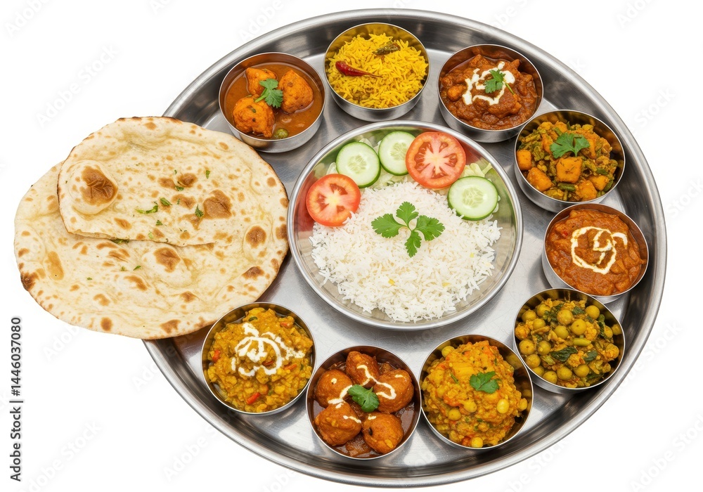 Indian thali meal with rice, vegetables, bread and curries on a silver platter Indian thali meal with rice, vegetables, bread and curries on a silver platter