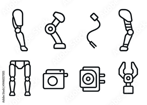 Robotics and prosthetics icon set - outline style for tech innovation and engineering solutions: robotic arm, prosthetic leg, sensor, bionic limb, machinery, camera, connector, gripper.