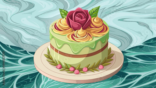 Elegant cake infused with rose, kissed by pistachio crunch.
Buttercream ribbons wrap each layer with softness.
Resting gently on polished marble, pure and refined.
A visual treat for luxury food vecto