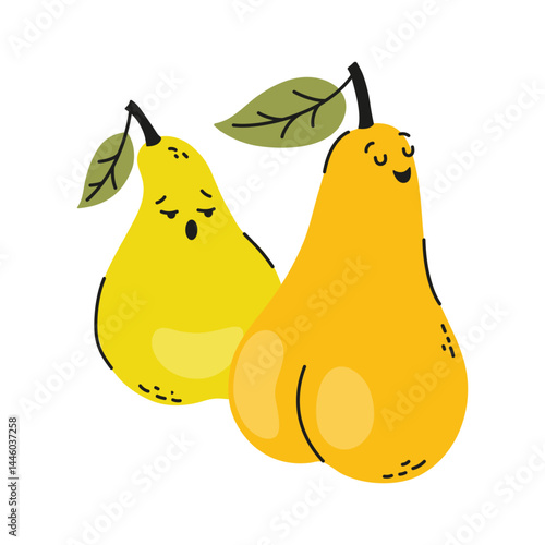 Cute funny yellow pears in a simple style. Female figure of pear type. Hand drawn vector illustration. Self-confidence concept.