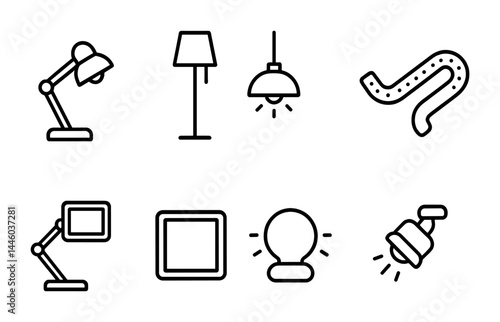 Home lighting icon set – outline style for interior design and decor: desk lamp, floor lamp, pendant light, led strip, picture frame, light bulb, spotlight