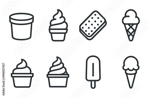 Ice cream and dessert outline icons set – line style sweet treats, frozen snacks, and confectionery symbols: cup, soft serve, popsicle, ice cream cone, sandwich, tub.