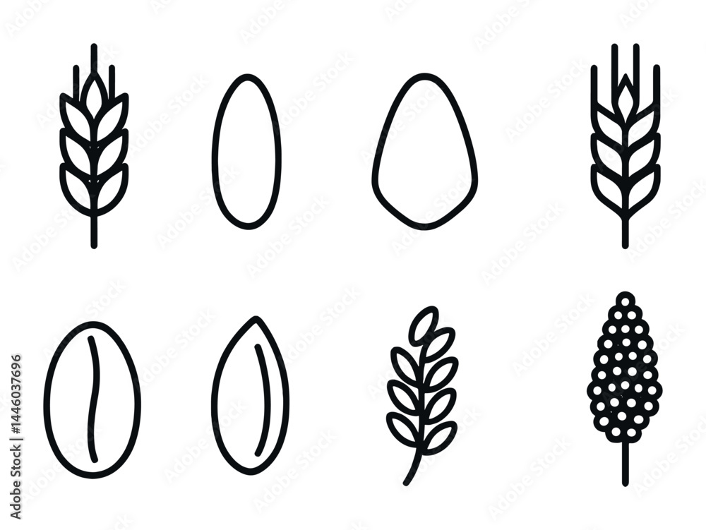 Agriculture and farming outline icons set – linear style for sustainable agriculture, crop production, and organic farming: wheat, egg, seed, corn, bean, barley, plant. Agriculture and farming outline icons set – linear style for sustainable agriculture, crop production, and organic farming: wheat, egg, seed, corn, bean, barley, plant.