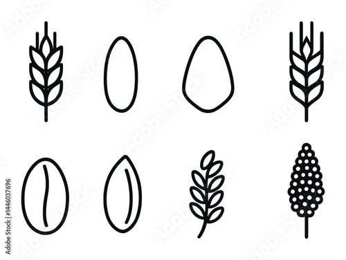 Agriculture and farming outline icons set – linear style for sustainable agriculture, crop production, and organic farming: wheat, egg, seed, corn, bean, barley, plant.